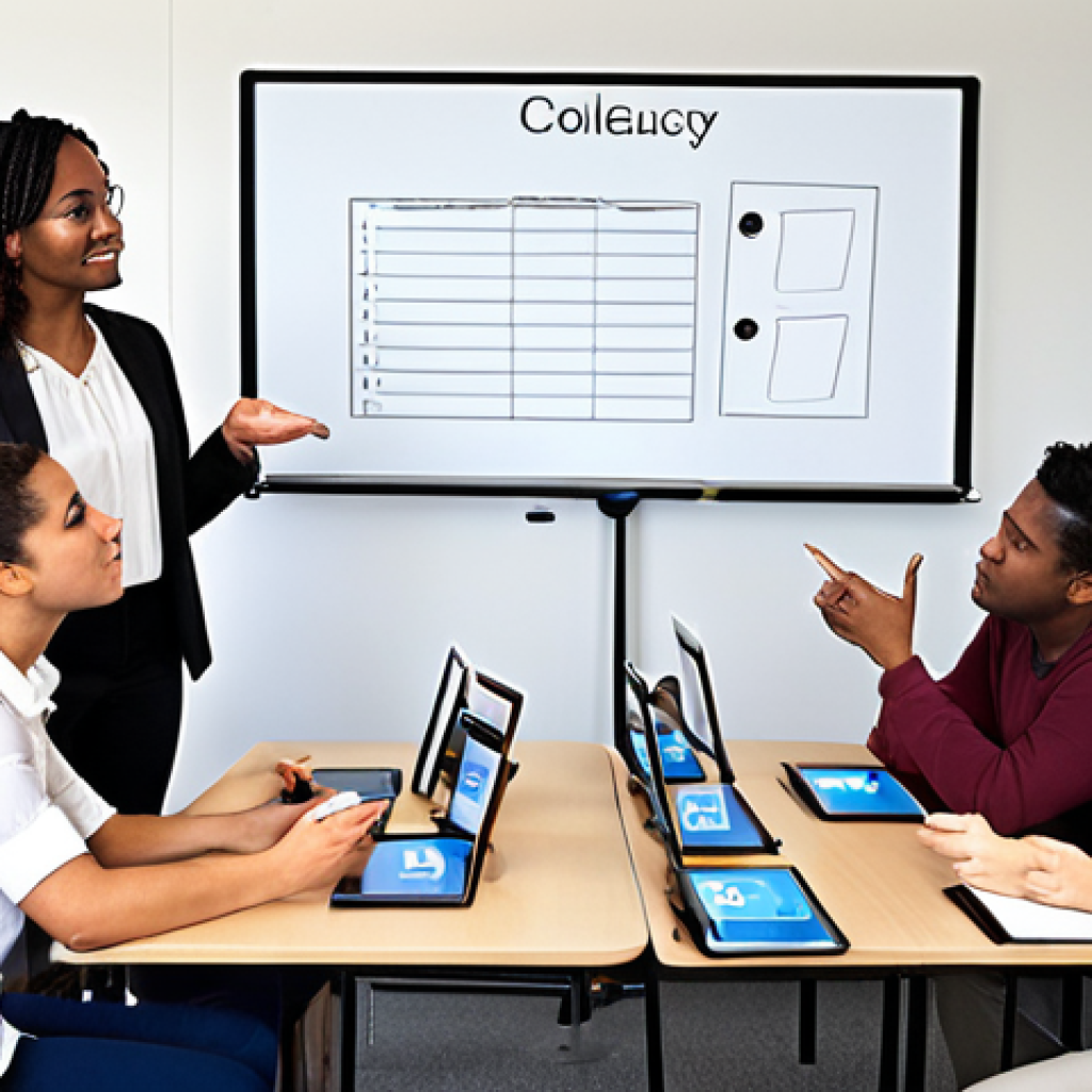 Feedback Collection**

Prompt: Diverse group participating in training, some using tablets to fill out digital surveys, others in a focus group discussion with facilitator, with a whiteboard showing key areas for feedback: Content, Pedagogy, Environment, Results. Focus on engaged expressions and a sense of open communication.

**