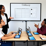 Feedback Collection**

Prompt: Diverse group participating in training, some using tablets to fill out digital surveys, others in a focus group discussion with facilitator, with a whiteboard showing key areas for feedback: Content, Pedagogy, Environment, Results. Focus on engaged expressions and a sense of open communication.

**