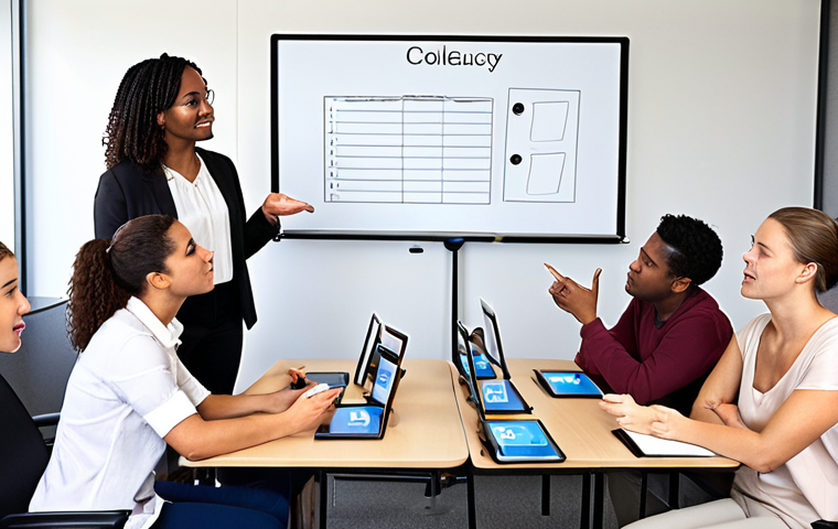 Feedback Collection**

Prompt: Diverse group participating in training, some using tablets to fill out digital surveys, others in a focus group discussion with facilitator, with a whiteboard showing key areas for feedback: Content, Pedagogy, Environment, Results. Focus on engaged expressions and a sense of open communication.

**