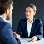 A professional businesswoman in a modest business suit, actively listening with an attentive expression to a male colleague in a modern, bright office meeting room. Both individuals are fully clothed in appropriate attire and professional dress, conveying an atmosphere of constructive dialogue and mutual respect. The scene highlights open communication and a natural pose. perfect anatomy, correct proportions, natural pose, well-formed hands, proper finger count, natural body proportions, safe for work, appropriate content, professional, modest, family-friendly, high-resolution, professional photography, studio lighting.